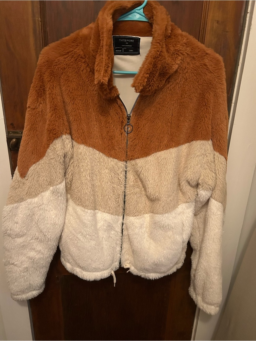 Colorblock Faux Fur Jacket in Rust, Beige & Cream